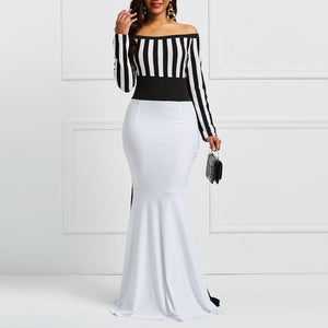 Elegant Sheath Women Off Shoulder Long Sleeve Black Stripes White Bodycon Maxi Mermaid Party Dress-FrenzyAfricanFashion.com