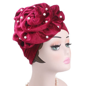 Emmy Fashion Pearls Beaded Flower Velvet Turban Women Bonnet Chemo Hair Loss Cap-FrenzyAfricanFashion.com