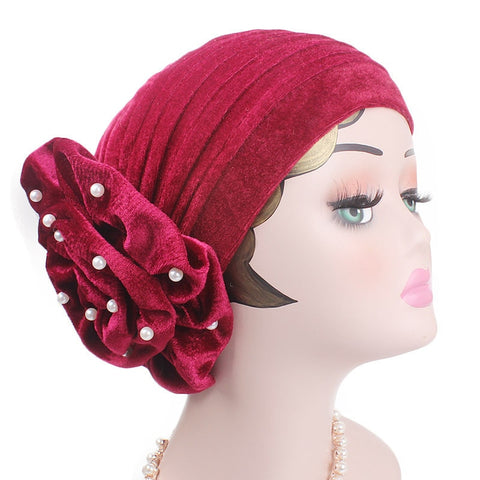 Image of Emmy Fashion Pearls Beaded Flower Velvet Turban Women Bonnet Chemo Hair Loss Cap-FrenzyAfricanFashion.com