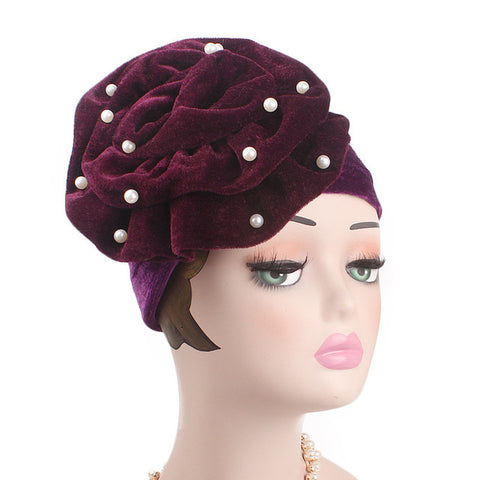 Image of Emmy Fashion Pearls Beaded Flower Velvet Turban Women Bonnet Chemo Hair Loss Cap-FrenzyAfricanFashion.com