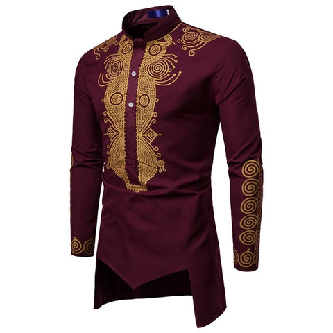Image of Joshua Men African Gold Embroidered Dashiki Turtleneck Half Button Shirt-FrenzyAfricanFashion.com