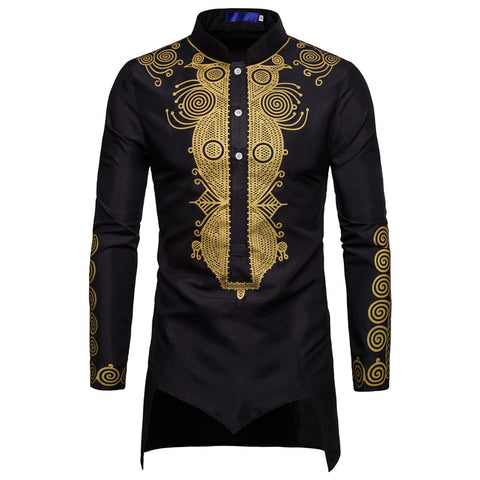 Image of Joshua Men African Gold Embroidered Dashiki Turtleneck Half Button Shirt-FrenzyAfricanFashion.com