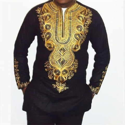 Image of African Black dashiki style V-neck long sleeve men's T-shirt Plus size-FrenzyAfricanFashion.com