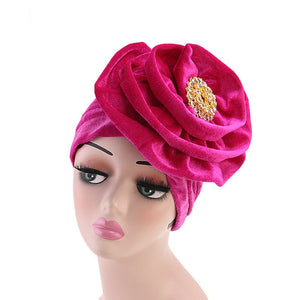 Emmy Fashion Women Velvet Turban Headband with Brooch Big Flower-FrenzyAfricanFashion.com