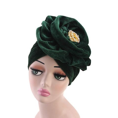 Image of Emmy Fashion Women Velvet Turban Headband with Brooch Big Flower-FrenzyAfricanFashion.com