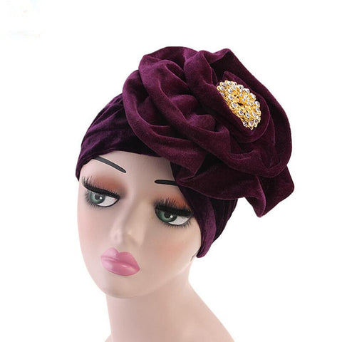 Image of Emmy Fashion Women Velvet Turban Headband with Brooch Big Flower-FrenzyAfricanFashion.com