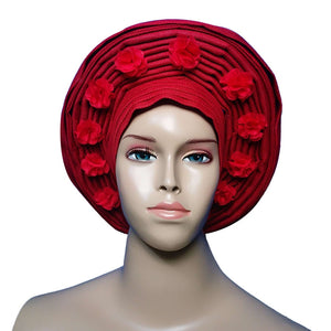 Gailis Ready Made Aso oke Gele Rose Flower African Headwrap-FrenzyAfricanFashion.com