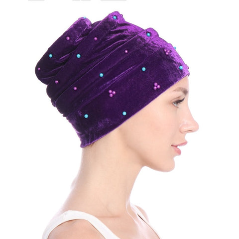 Image of Emmy Fashion Women Luxury Beaded Velvet Turban Head Wraps Chemo Cap Hair Loss Covers-FrenzyAfricanFashion.com