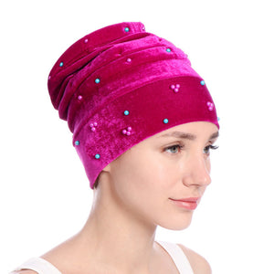 Emmy Fashion Women Luxury Beaded Velvet Turban Head Wraps Chemo Cap Hair Loss Covers-FrenzyAfricanFashion.com