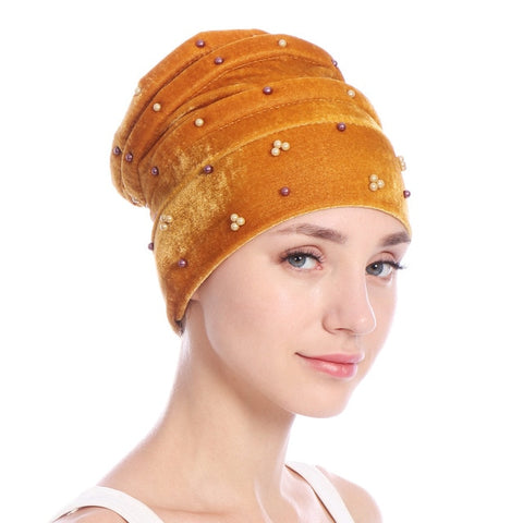 Image of Emmy Fashion Women Luxury Beaded Velvet Turban Head Wraps Chemo Cap Hair Loss Covers-FrenzyAfricanFashion.com