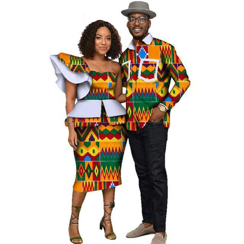 Image of Fabulosity African Couple Clothing Gold Ankara Dress and Shirt-FrenzyAfricanFashion.com