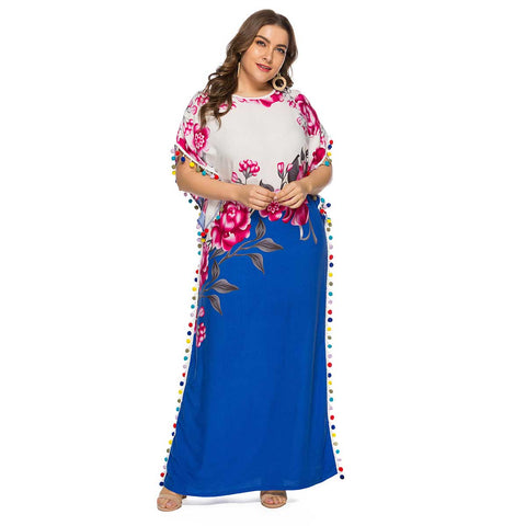 Image of Cute Dresses Summer Floral Printed Maxi Long Abaya Bat Sleeves-FrenzyAfricanFashion.com