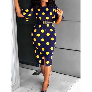 Women Midi Blue Yellow Polka Dot Bodycon Fashion Office Dress-FrenzyAfricanFashion.com