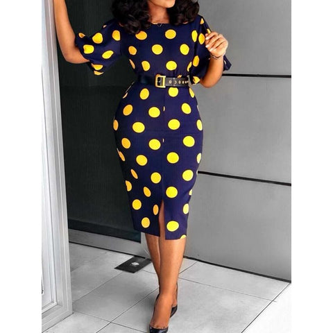 Image of Women Midi Blue Yellow Polka Dot Bodycon Fashion Office Dress-FrenzyAfricanFashion.com