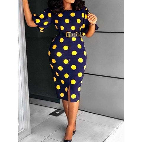 Image of Women Midi Blue Yellow Polka Dot Bodycon Fashion Office Dress-FrenzyAfricanFashion.com