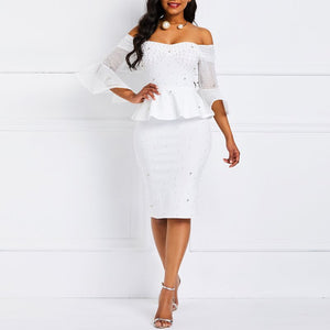 Bodycon Dresses Women Beaded Stylish Elegant White Evening Mesh Flare Sleeve Party Dress-FrenzyAfricanFashion.com