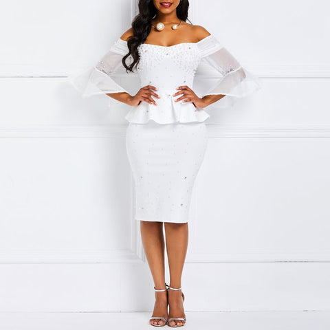 Image of Bodycon Dresses Women Beaded Stylish Elegant White Evening Mesh Flare Sleeve Party Dress-FrenzyAfricanFashion.com