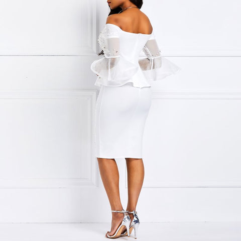 Image of Bodycon Dresses Women Beaded Stylish Elegant White Evening Mesh Flare Sleeve Party Dress-FrenzyAfricanFashion.com