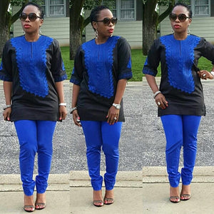 Deede African Women Clothing African Traditional Bazin Embroidery Design Blue Top with Pants Set-FrenzyAfricanFashion.com