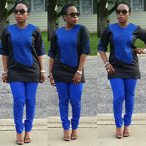 Image of Deede African Women Clothing African Traditional Bazin Embroidery Design Blue Top with Pants Set-FrenzyAfricanFashion.com