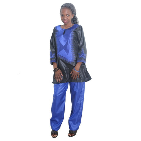 Image of Deede African Women Clothing African Traditional Bazin Embroidery Design Blue Top with Pants Set-FrenzyAfricanFashion.com