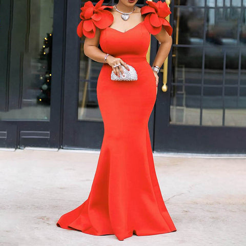 Long Red Mermaid Dress With Flower Sleeves-FrenzyAfricanFashion.com