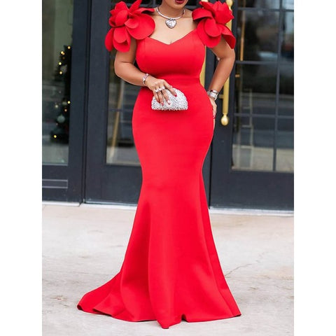 Image of Long Red Mermaid Dress With Flower Sleeves-FrenzyAfricanFashion.com