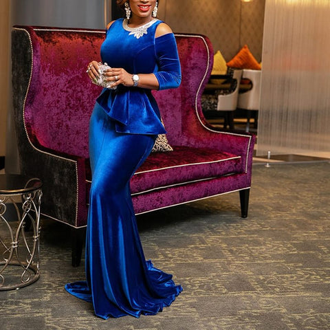 Image of Best Party Blue Velvet Long Dress Vintage Elegant Side Ruffle Gown-FrenzyAfricanFashion.com