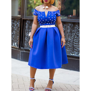 Women Blue Dresses Plus Size Off Shoulder Top Beaded-FrenzyAfricanFashion.com