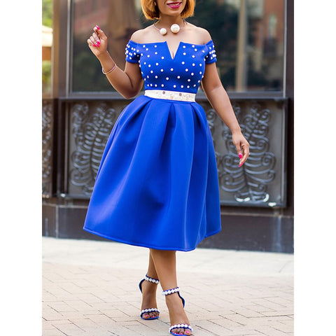 Image of Women Blue Dresses Plus Size Off Shoulder Top Beaded-FrenzyAfricanFashion.com