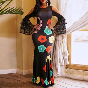 Women Floral Black Off Shoulder Ruffle Sleeves Mermaid Maxi Long Dress-FrenzyAfricanFashion.com