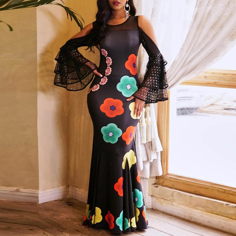 Image of Women Floral Black Off Shoulder Ruffle Sleeves Mermaid Maxi Long Dress-FrenzyAfricanFashion.com