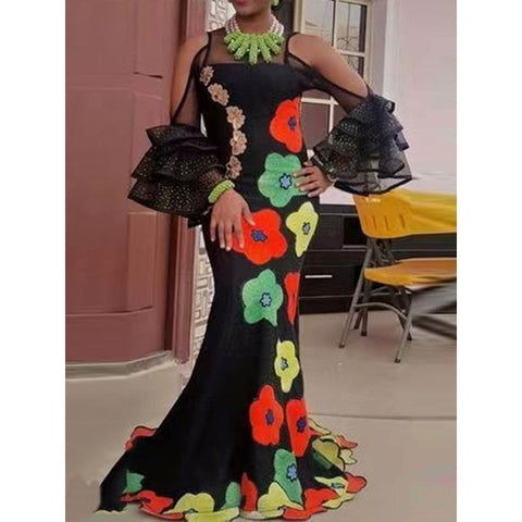 Image of Women Floral Black Off Shoulder Ruffle Sleeves Mermaid Maxi Long Dress-FrenzyAfricanFashion.com