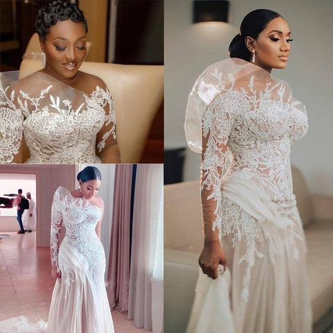Image of One Shoulder Lace Aline Wedding Dress Side Drape - Cynthia-FrenzyAfricanFash