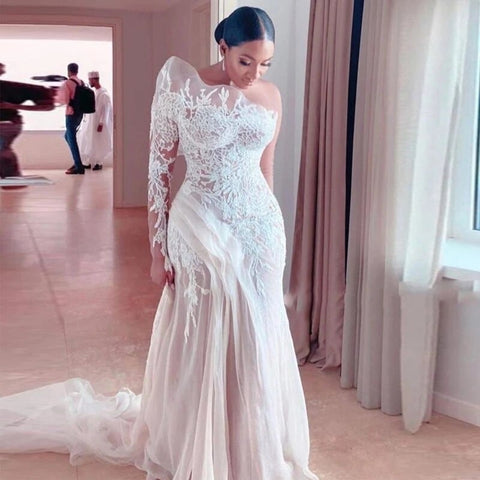 One Shoulder Lace Aline Wedding Dress Side Drape - Cy