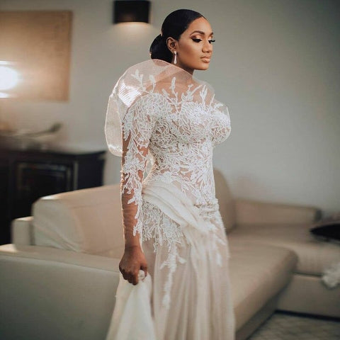 One Shoulder Lace Aline Wedding Dress Side Drape - Cynthia-FrenzyAfricanFashion.com
