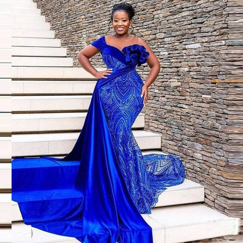 Image of Blue Lace Evening Dress with Side Drape-FrenzyAfricanFashion.com