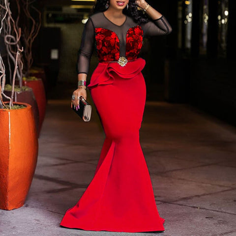 Image of Women Maxi Party Dress One Piece Ruffle Neck Off Shoulder Evening Long Bodycon Robes-FrenzyAfricanFashion.com
