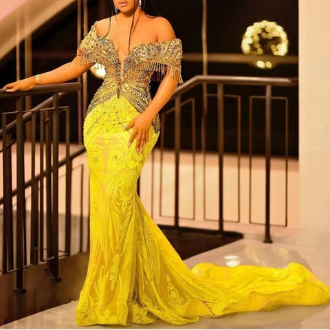 Image of Yellow Lace Long Party Dresses-FrenzyAfricanFashion.com