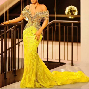 Yellow Lace Long Party Dresses-FrenzyAfricanFashion.com